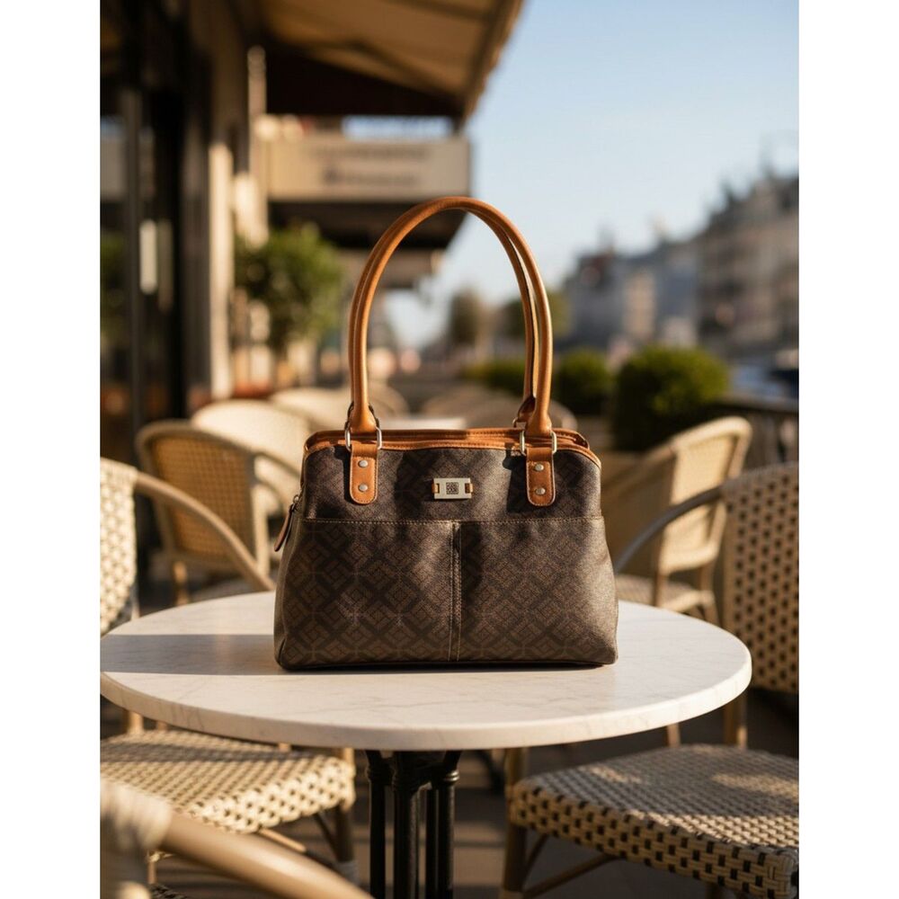 Unbranded 2 Tone Brown Logo Pattern 3 Large Compartment Top Zip Satchel Handbag